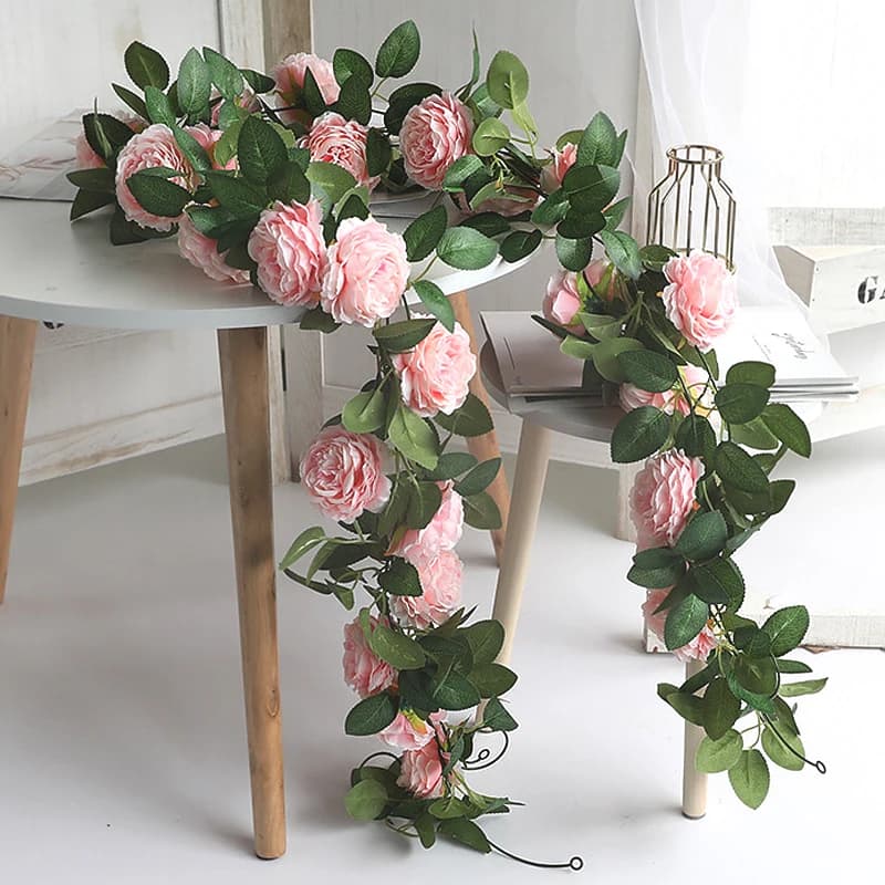 Artificial Pink Silk Peony Big Flowers Vines Ivy Rattan Wedding Party Wall Hanging Garland Home Garden Decoration Green Plants