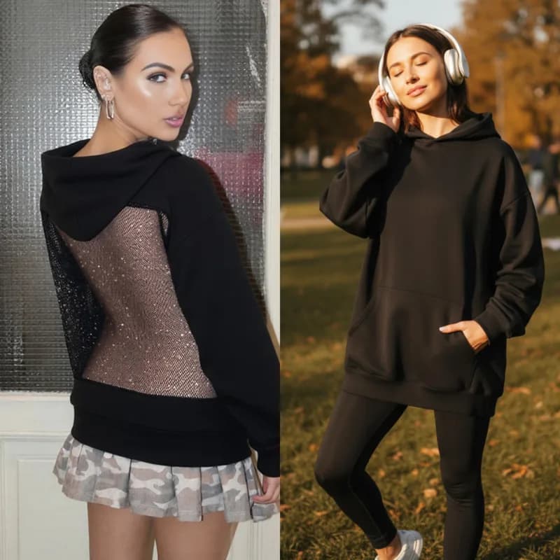 Felpa con cappuccio patchwork da donna alla moda Felpa ampia a maniche lunghe in rete trasparente Moda streetwear Abito autunnale Top hip-hop casual