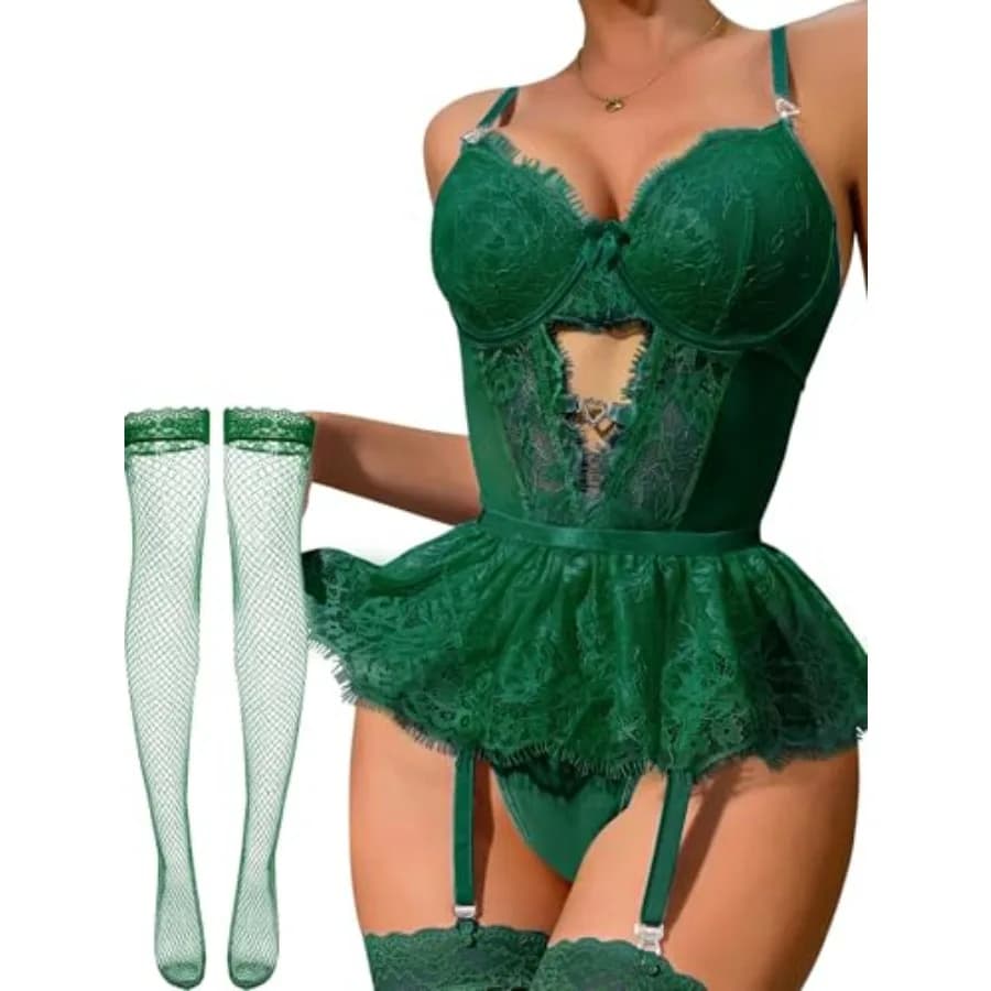 Set Lingerie Donna Alrovetoney, Body in Pizzo Seducente, Babydoll con Ferretto a Vita Alta, con Reggicalze e Calze