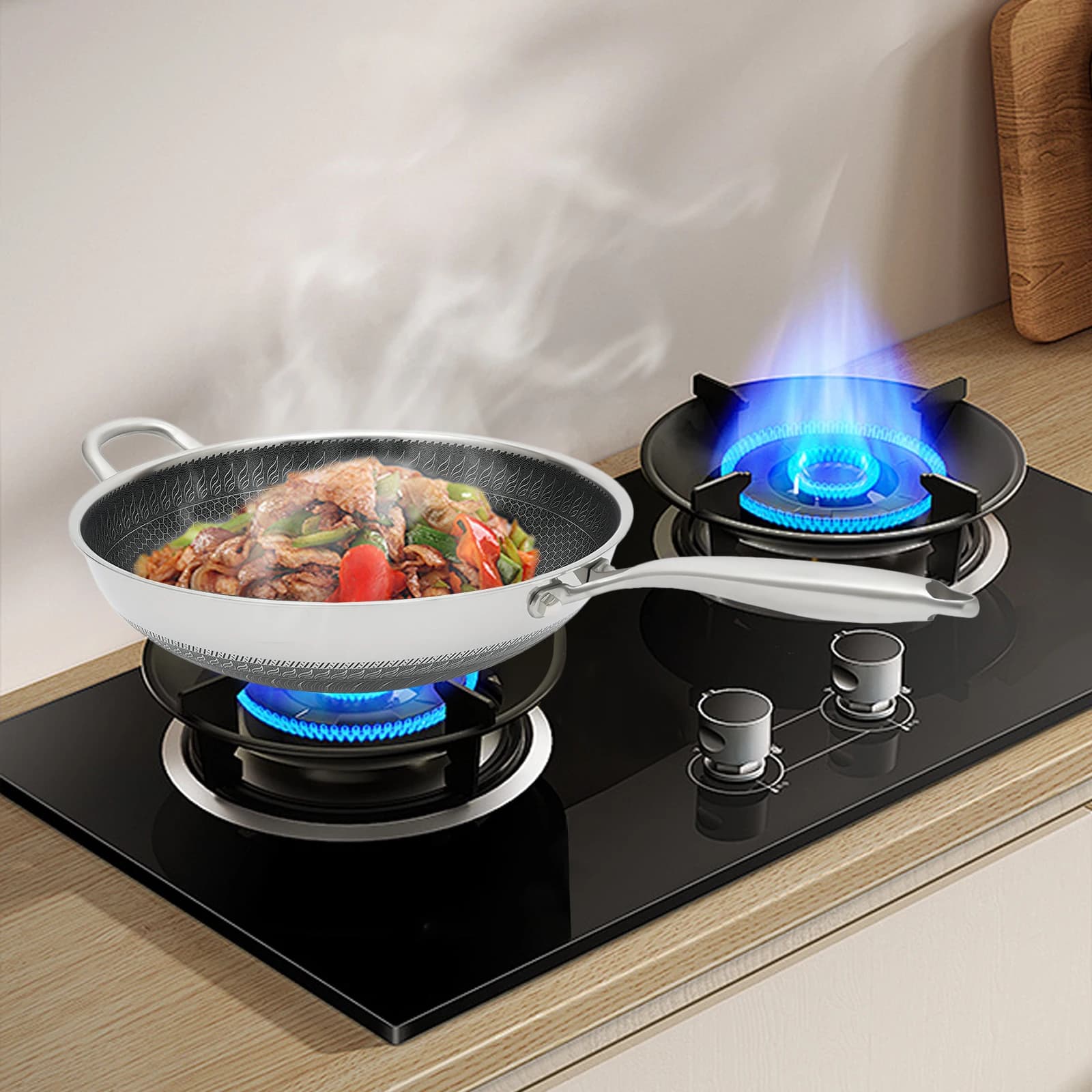 3.4" Stainless Steel Wok Honeycomb Cooking with Lid Skillet Handle Flat Bottom Stir-Fry Pan for Electric Induction Gas Stoves