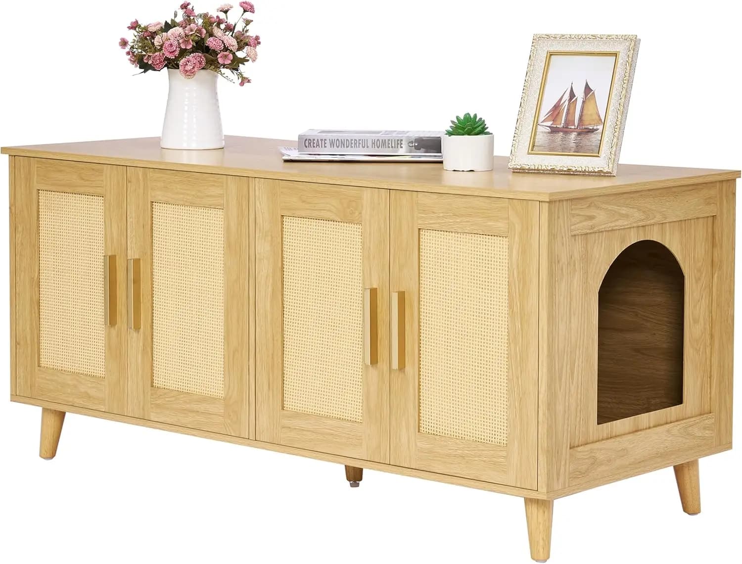 Cuccia per Gatti in Legno Naturale con Doppia Porta in Rattan, Box Lettiera per 2 Gatti, 472L x 197W x 217H