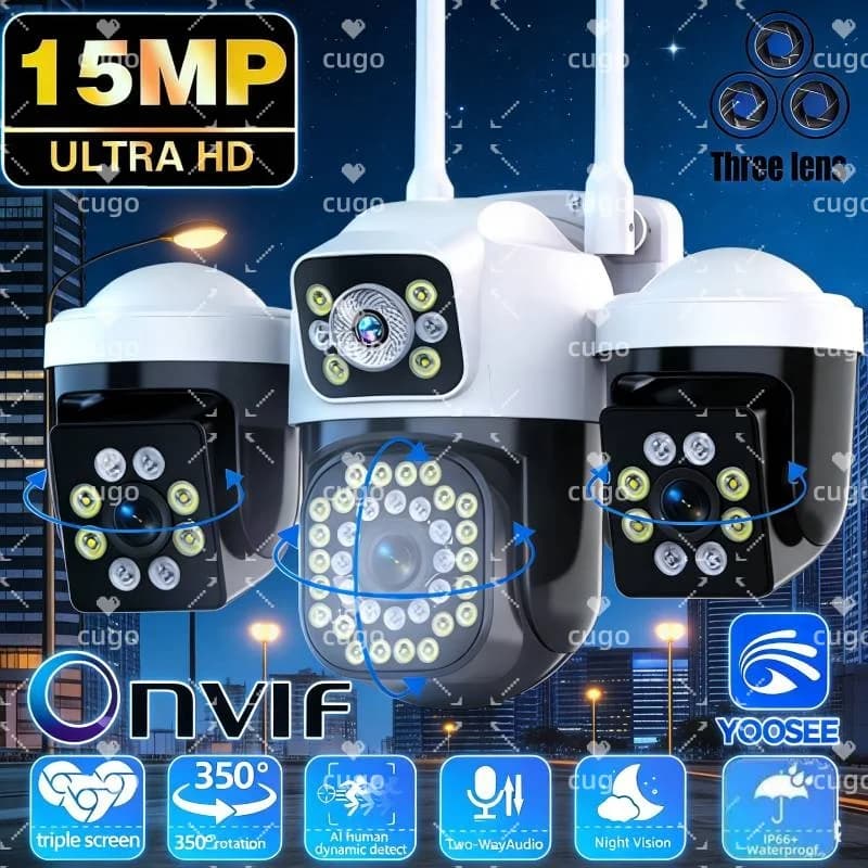 Telecamera IP WiFi da Esterno 15MP 8K con Tripla Lente e Triplo Schermo, Visione Notturna, Rilevamento Umano, Telecamera di Sicurezza Onvif