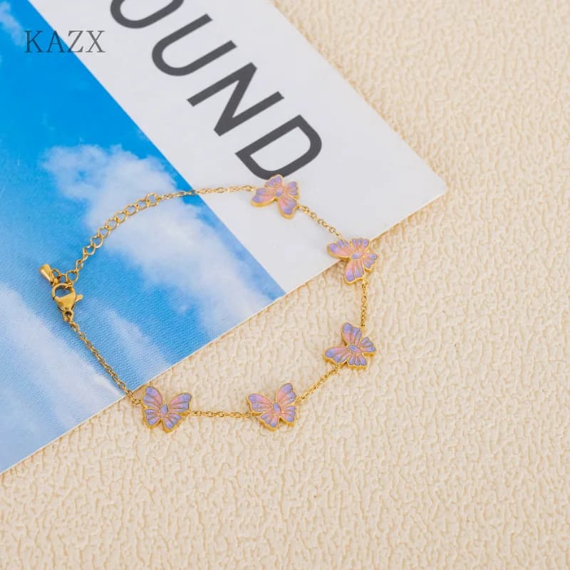 Minimalist Fashion Gradient Purple Pink Butterfly Pendant Bracelet Anti-tarnish chain bracelet Ladies Daily Wear Birthday