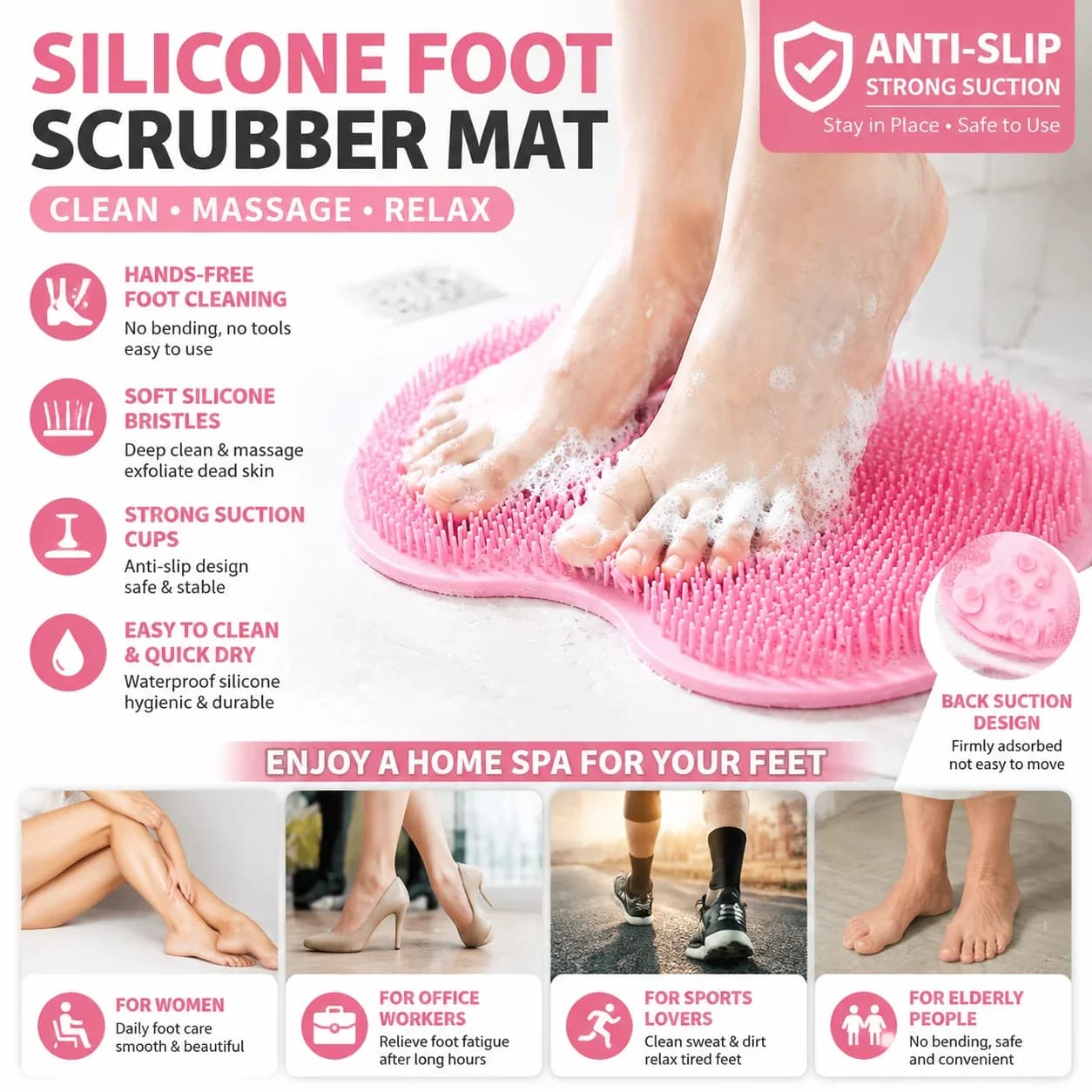 Silicone Foot Scrubber Mat Hands Free Shower Foot Cleaner Anti Slip Massage Bath Mat Exfoliating Callus Remover for Home Spa