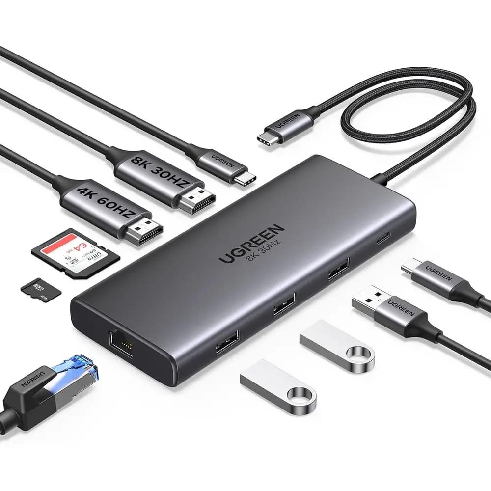 10-in-1 USB-C Dock with Dual HDMI 4K@60Hz, 8K@30Hz, 100W PD, 5Gbps Data Ports, Gigabit Ethernet, SD/T Card Reader, USB Hub for L