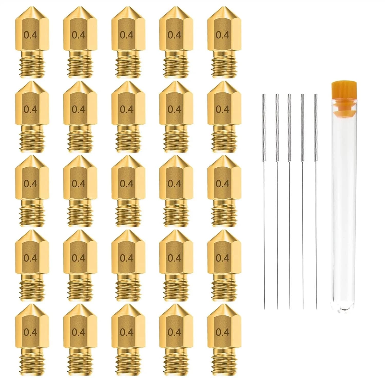 25 ugelli per stampante 3D in ottone da 0,4 mm MK8 con 5 aghi e scatola portaoggetti in metallo