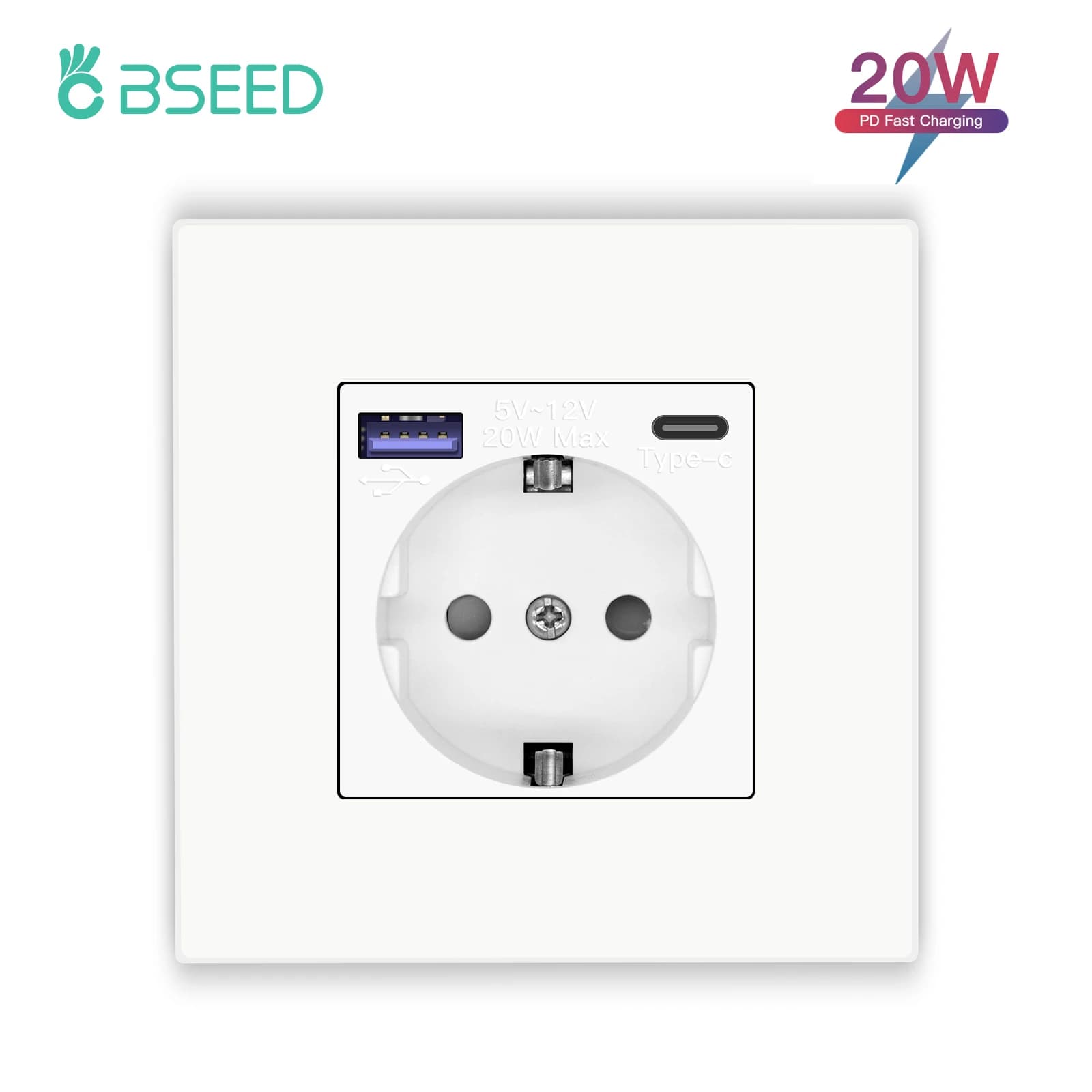 BSEED presa a parete singola USB Type-C presa per porta di ricarica rapida per telefono 20W spine Triple Power pannello in plastica quattro prese del telaio