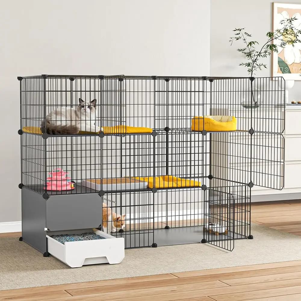 Gabbia per Gatti a 2 Piani con Lettiera, Recinto Metallico Staccabile per 1-2 Gattini (140,1L x 45,2W x 104,9H)