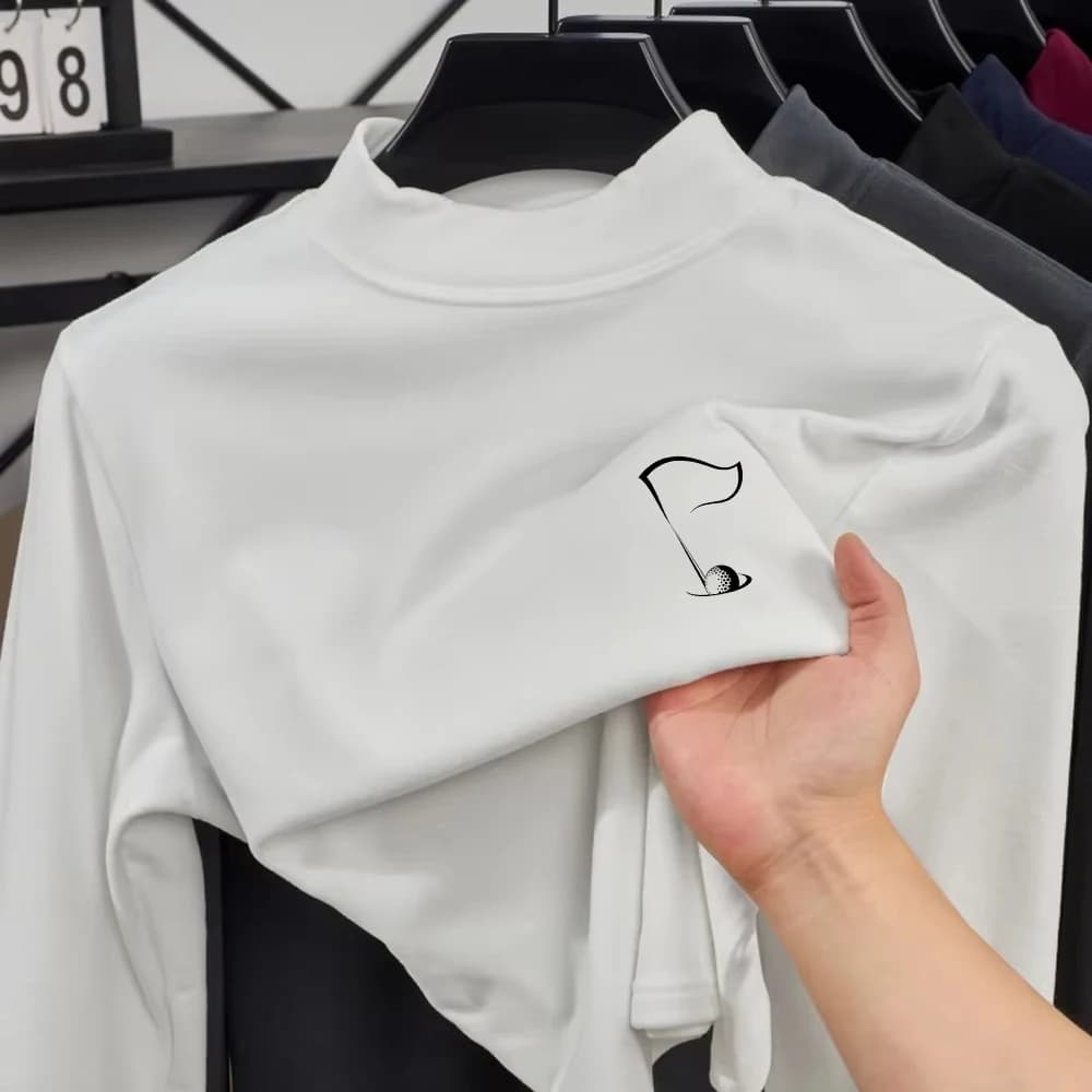 T-shirt con stampa palla da golf e bandiera T-shirt da donna in pile invernale Mezza dolcevita Camicia con fondo caldo slim fit Abiti da donna di moda