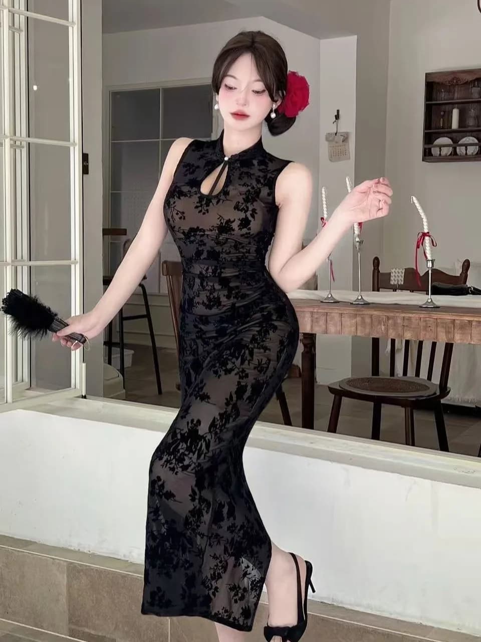 Elegant Chinese Style Long Dress Sexy Print Bodycon Night Club Massage Technician Work Uniform Bathing Foot Massage Dress
