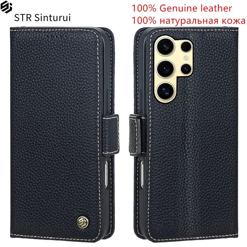 Cover in vera pelle con texture litchi per Samsung Galaxy S24 S23 S22 Ultra Plus FE, custodia a portafoglio con slot per carte, antiurto.