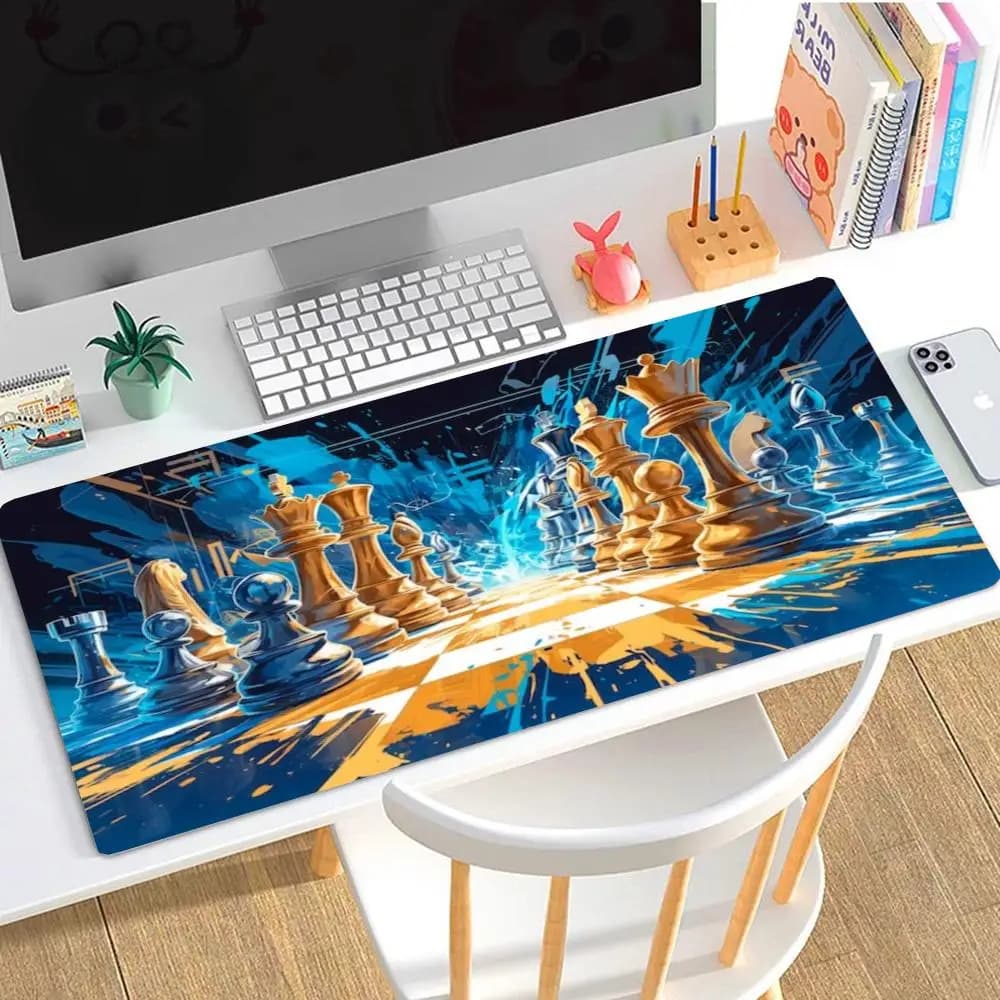 Blue Orange Splash Abstract Chess Set Playmat Compatible With Large Size Laptop Bedroom Gaming Desktop Mat
