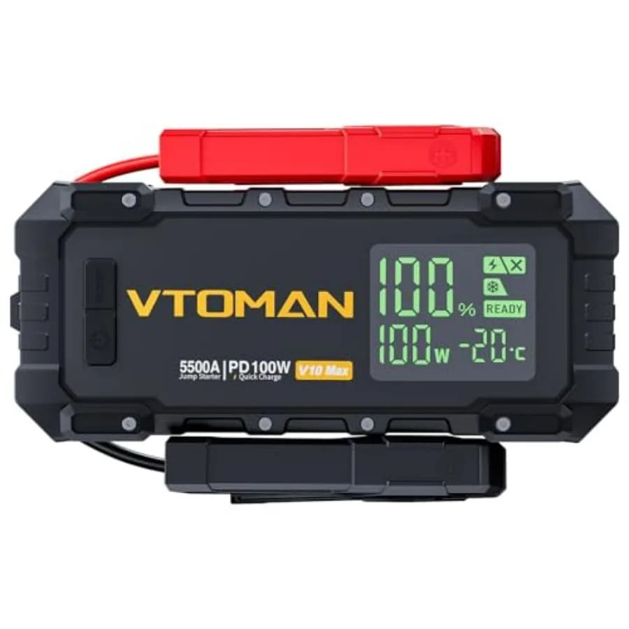 Avviatore di Emergenza Portatile 12V con Ricarica Rapida Bidirezionale 100W V10 Max per Auto a Benzina 12L e Diesel, Display 3.2, Booster Compatto