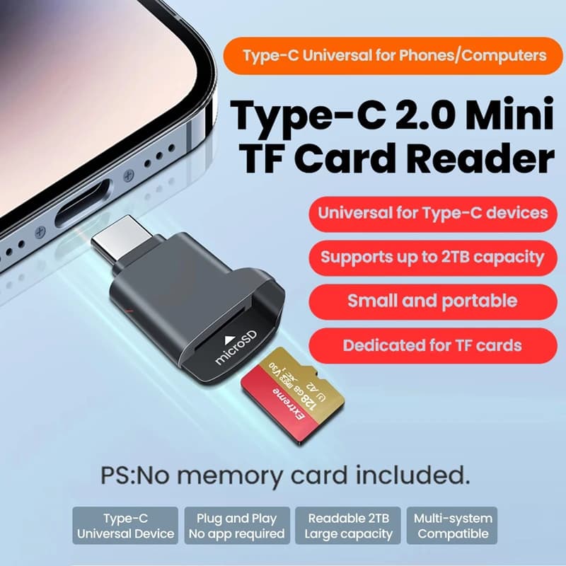 Type-C 2.0 Mini TF Card Reader External Storage Black Stretch for Memory Stick USB C 2.0 Mini TF Card Reader For Iphone
