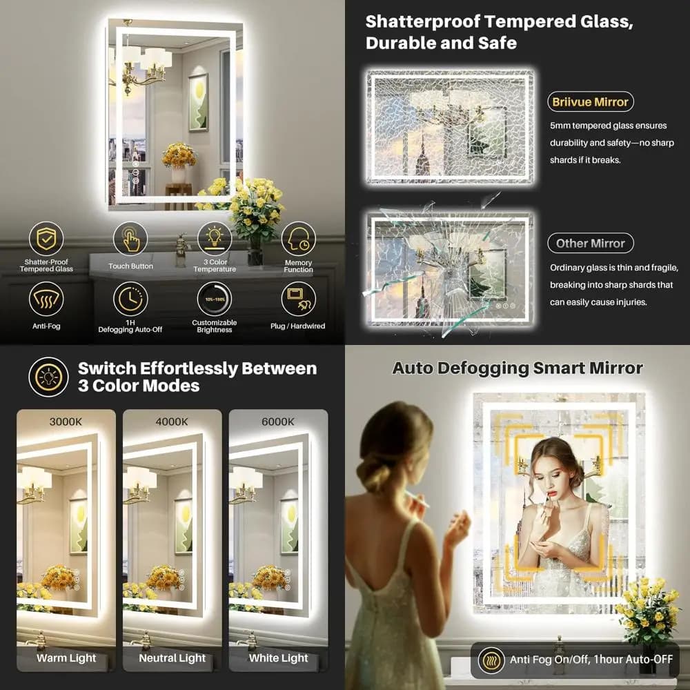 Specchio da Bagno Illuminato a LED, 36x30, Retroilluminato e Illuminato Frontalmente, Antiappannamento, Funzione Memoria, Dimmerabile, Vetro Temperato HD, Antiurto