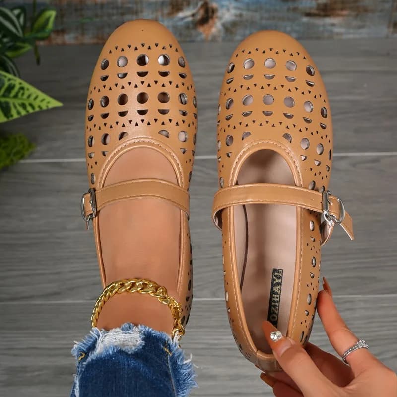 Summer Low Heels Shoes Women's Round Head Hollow Out Breathable Loafers Soft Sole Anti-slip Wear-resistant Women Single Shoes