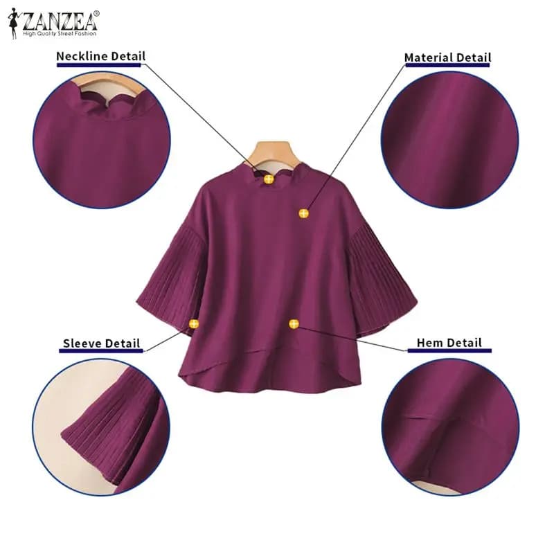 ZANZEA Summer Elegant Women's Blouses Scalloped Mock Neck Pleated Flare Sleeves High-Low Tops Minimalist Solid Woman Clothes