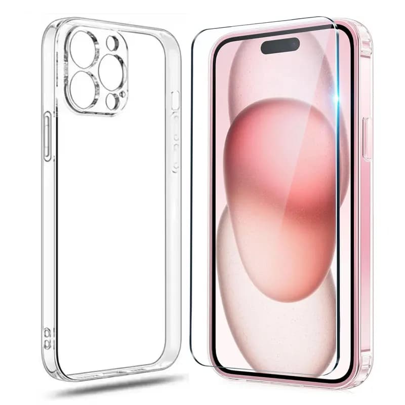 Proteggi schermo in vetro temperato 9H per iPhone 15 14 13 12 11 Pro Max Cover in silicone trasparente su iPhone XR X Xs Max 6 7 8 Plus Custodia