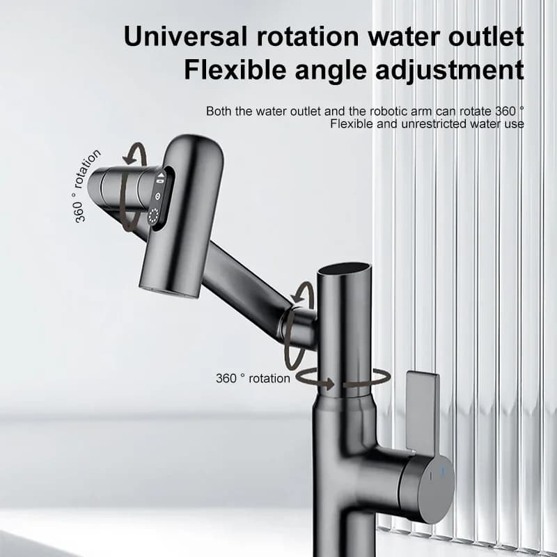 Rubinetto da cucina Display digitale intelligente 360 ° Spruzzatore a flusso multifunzione a rotazione Miscelatore per lavello acqua calda e fredda Rubinetto per lavaggio a bilanciere