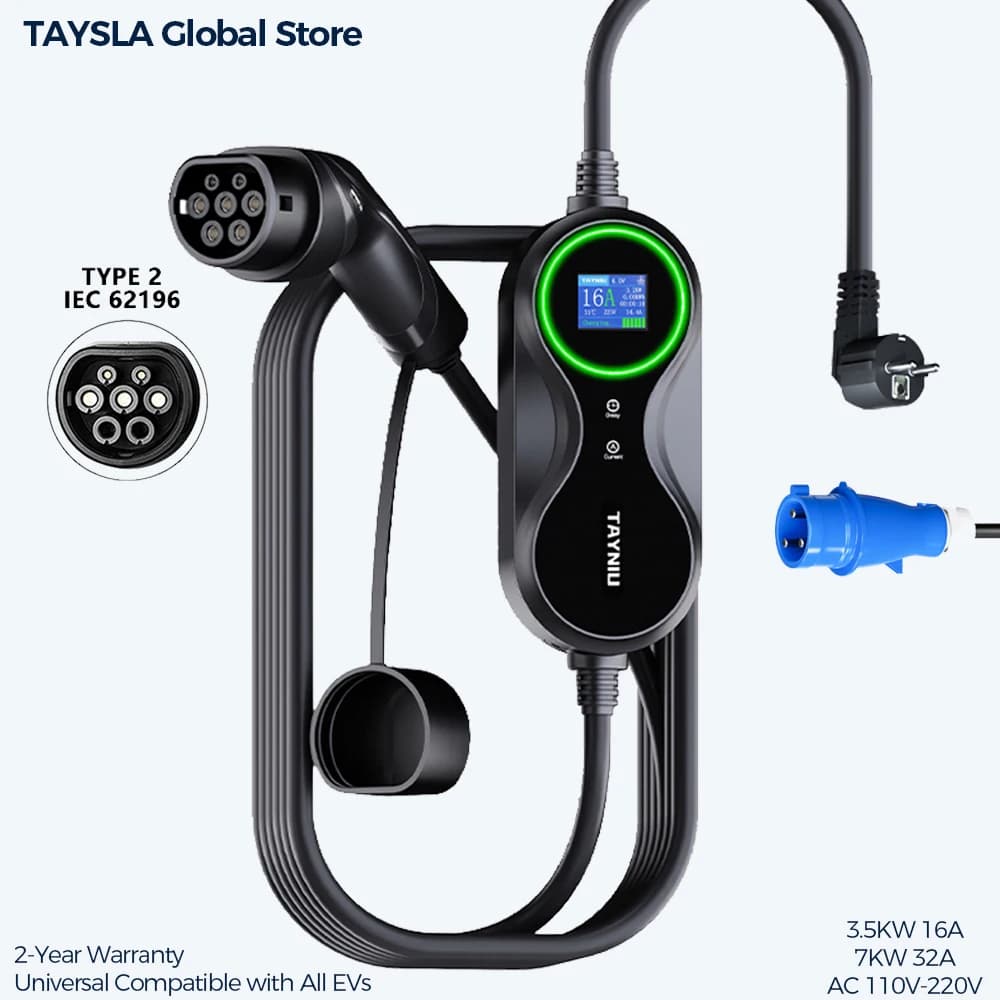 Caricatore EV Portatile TAYNIU 16A 3.5KW/32A 7KW Tipo2/Tipo1 J1772 Cavo di Ricarica Rapida Wallbox EVSE con Spina CEE per BYD KIA BMW e tutti i Veicoli Elettrici
