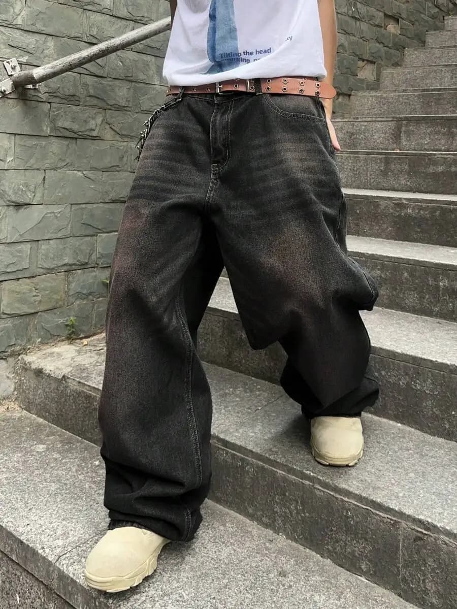 Mens Casual Distressed Loose Wide Leg Denim Jeans