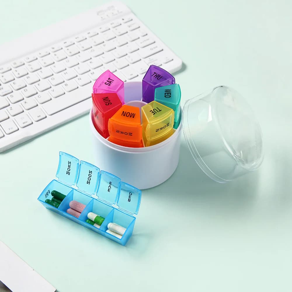New Hot Premuim 7 days 4 times a day weekly round pill organizer box container holders for medicinal vitamins fish oils