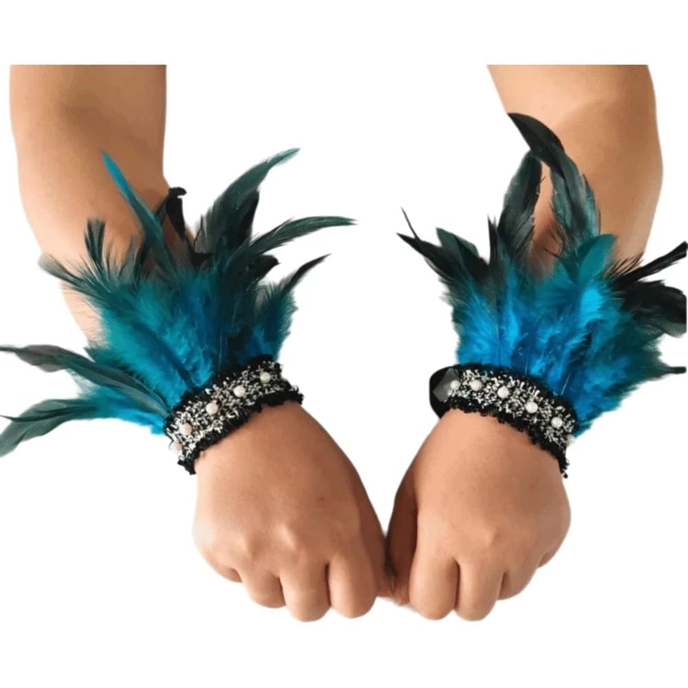 Fashion Lace Feather Wrist Cuffs Pearl Adjustable Plume Bracelet Gloves Fluffy Halloween Arm Cuff Stage Performance