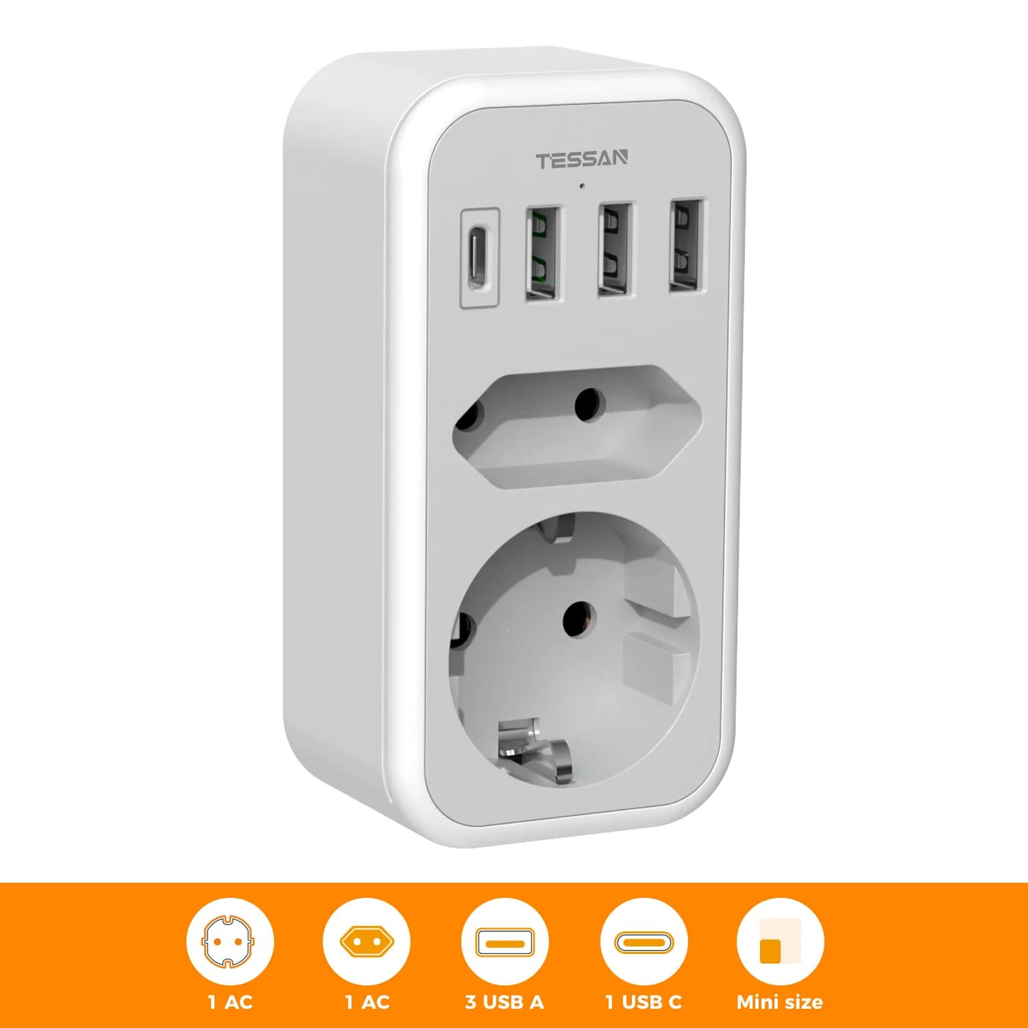 Prolunga per presa a muro verticale TESSAN con 2 prese CA + 3 porte USB + 1 adattatore di alimentazione con spina di tipo C UE, protezione da sovraccarico per la casa