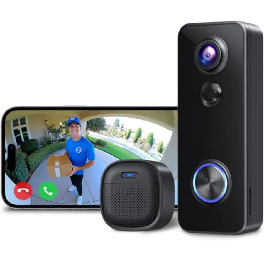 Battery Doorbell for Home Security: ABS Plastic, Matte Black, 180 Head-to-Toe Video, Live View with Two-Way Talk, No Monthly Fe