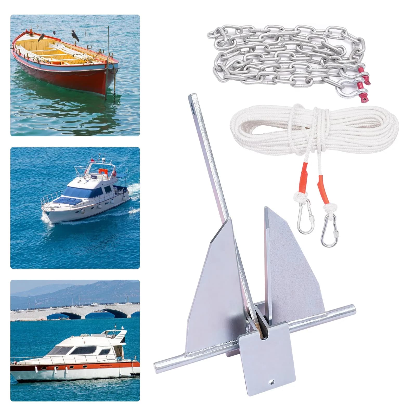 Set Ancora Fluke da 13 libbre con Corda da 98 piedi, Catena da 6,6 piedi, Girella e Grillo - Soluzione Completa per Ancoraggio Marino