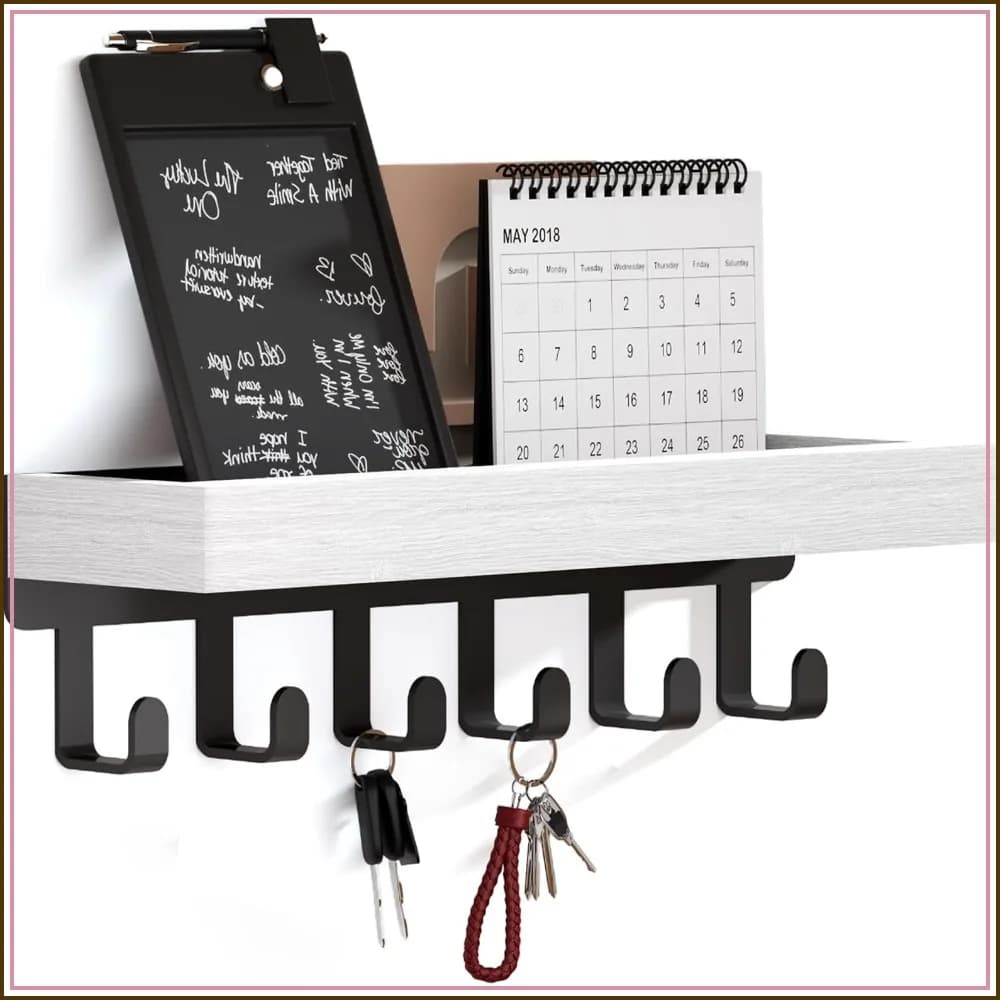 Wooden Key Holder Wall Mount with 6 Hooks and Mail Organizer Shelf for Entryway Living Room Bedroom Office Home Decor White
