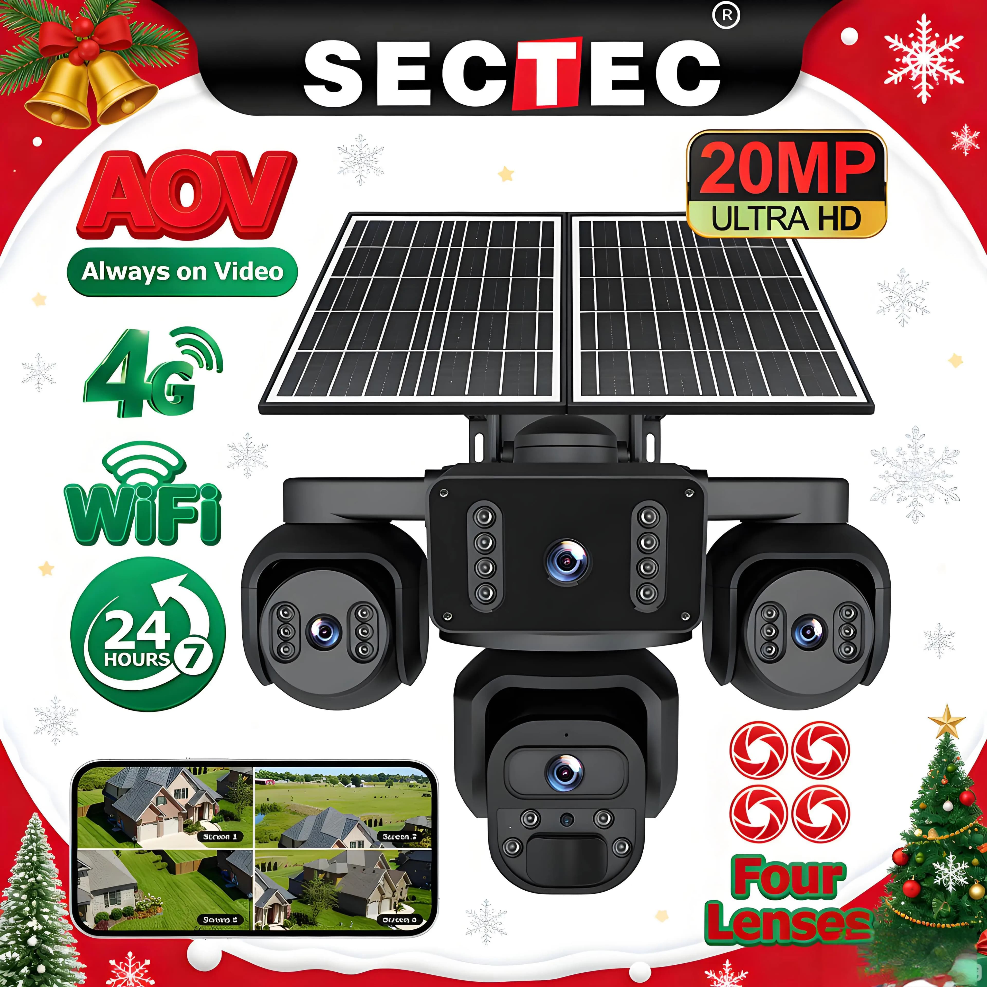 Solar Camera Sectec 20MP AOV 4G SIM with Four Screens, WIFI Wireless, PTZ Security Camera for Exterior, Video Recording 24/7, App OKAM PRO
