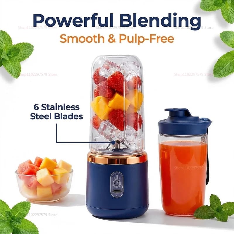 Frullatore Portatile con 6 Lame, Tazza per Succhi di Frutta, Ricaricabile USB, Doppia Tazza Multifunzione, Frullatore Portatile per Alimenti