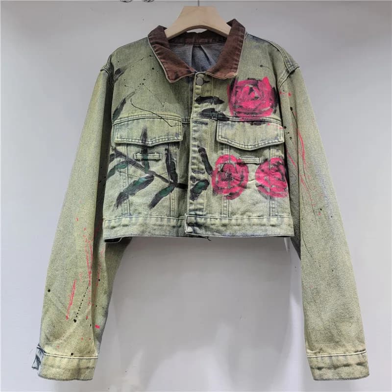 Hand-Painted Graffiti Flower Print Short Denim Jacket Lapel Single-Breasted Long Sleeve Spring Autumn Women Jeans Jacket Coat