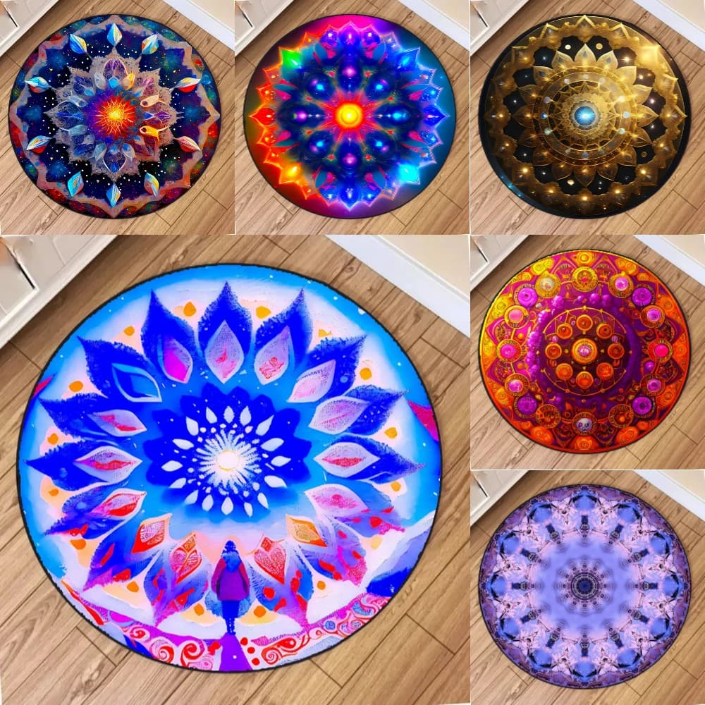 Printed round yoga mat with colorful mandala, for girls, living room, sofa, house, bedroom, bedside table, soft, coffee table, reading mat