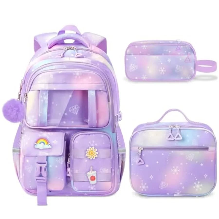 Zaino scolastico per ragazze - Set di 5 zaini carini per ragazze con borsa per il pranzo per adolescenti delle scuole elementari e medie - Borsa per libri da 17″ per studenti T