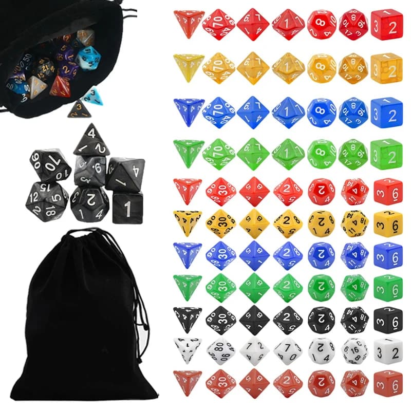 Set di dadi DND 10 x 7 dadi poliedrici (70 pezzi) con una grande borsa con coulisse, ideali per il gioco da tavolo di ruolo di Dungeons and Dragons