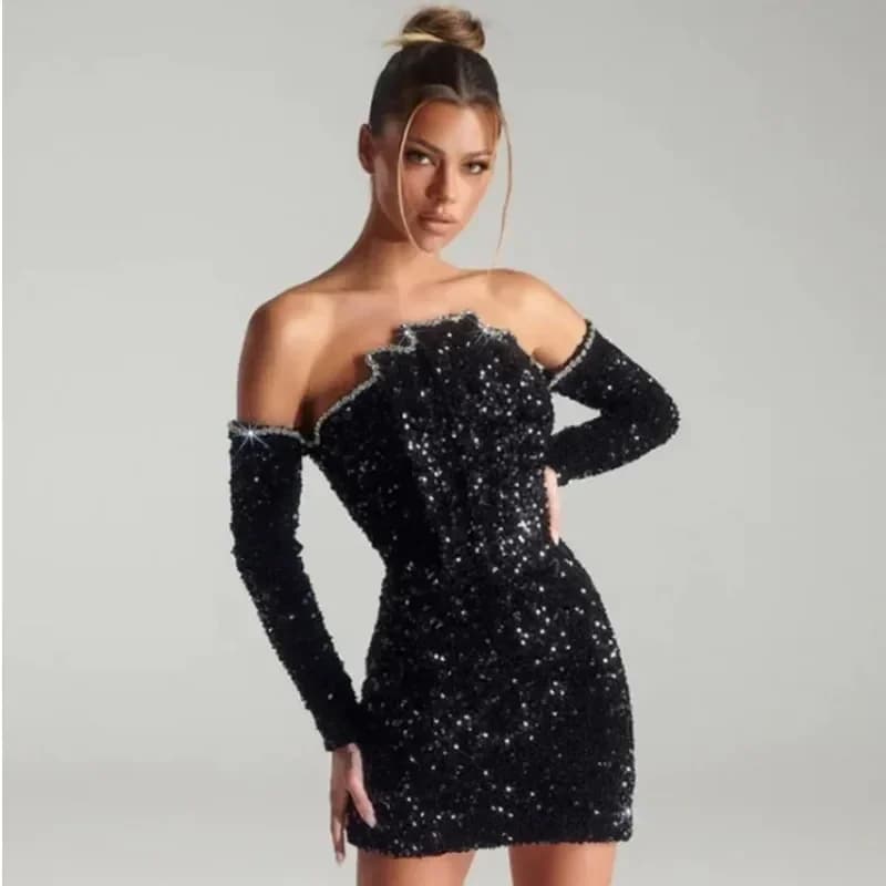 2025 Abito da donna sexy nero a maniche lunghe con paillettes con spalle scoperte Mini abito aderente con diamanti Eelgant Abito da sera per feste