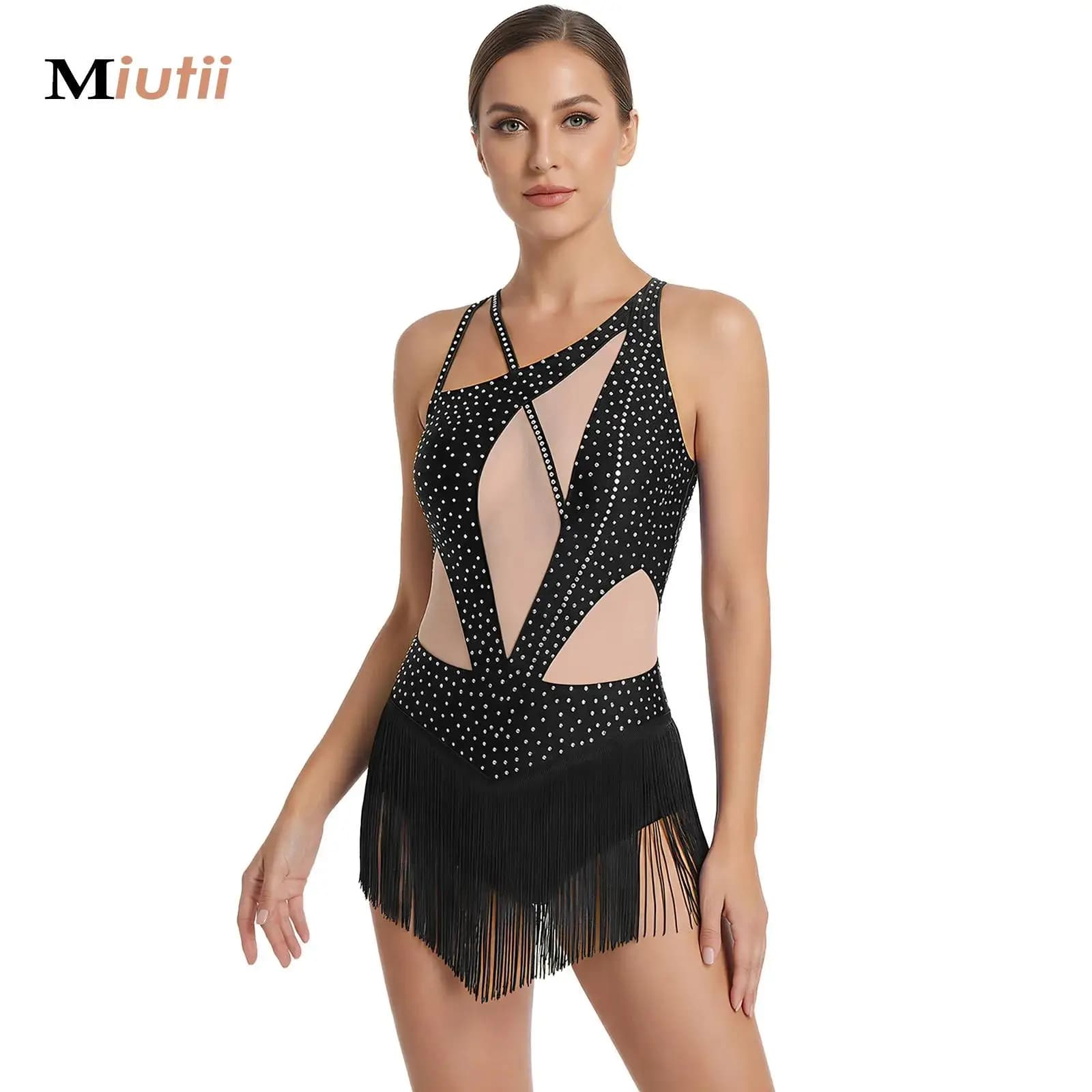 Body da Danza con Frange per Balletto e Ginnastica, con Strass Luccicanti e Rete Trasparente, per Pattinaggio Artistico, Abbigliamento da Danza per Donne