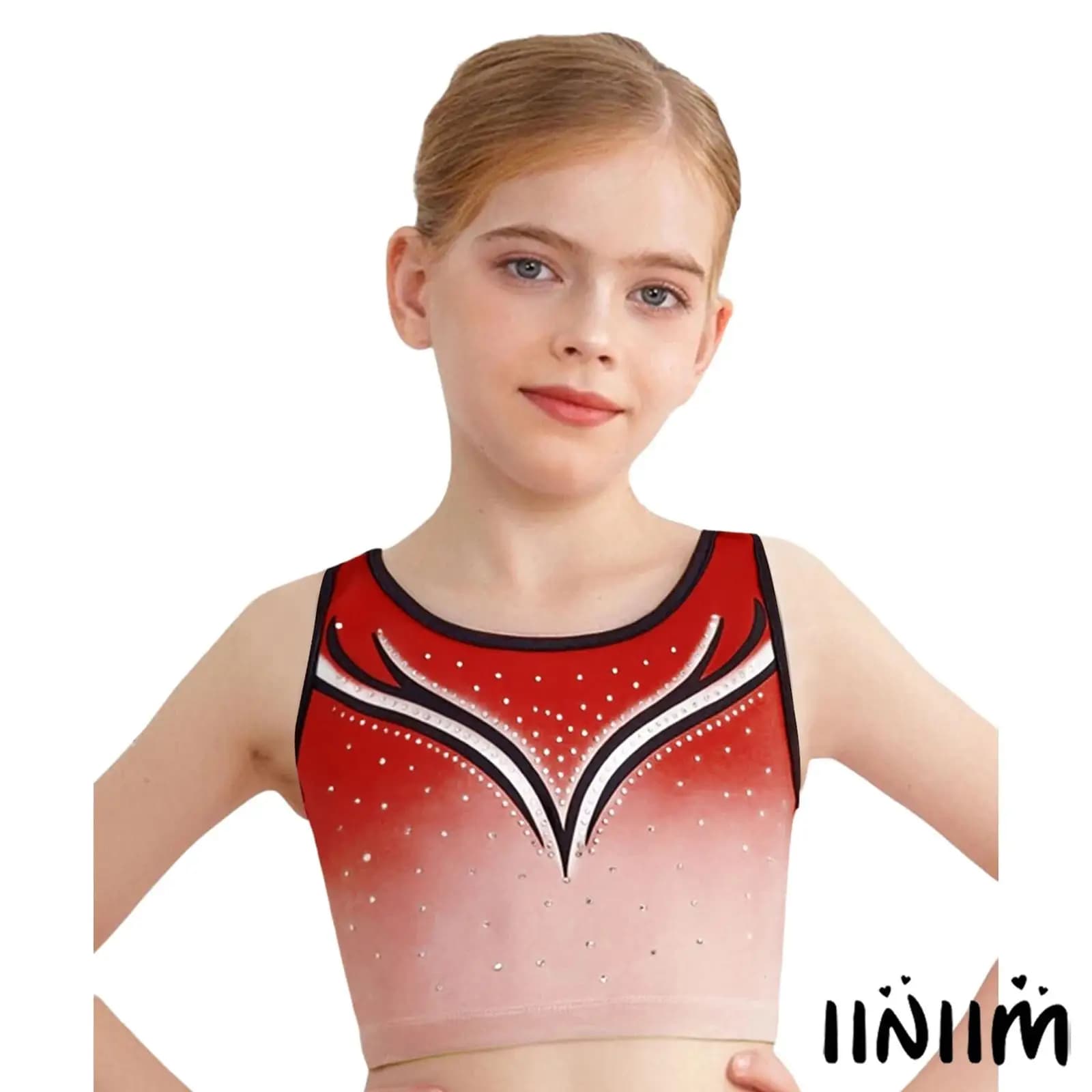 Gilet da ballo per ginnastica per bambina, girocollo, senza maniche, con strass scintillanti, top corto sfumato per balletto, pattinaggio su ghiaccio