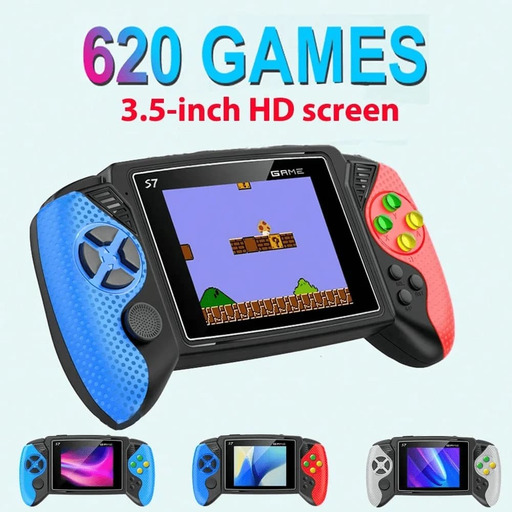 Portable Retro Handheld Game Console, 3.5" Joystick, 600 Built-In Games, Wireless Controller, Rechargeable, TV Connection, Includes Charging Cable & TV Cable (Classic Red/Blue, Blue, White), 1020mAh Battery