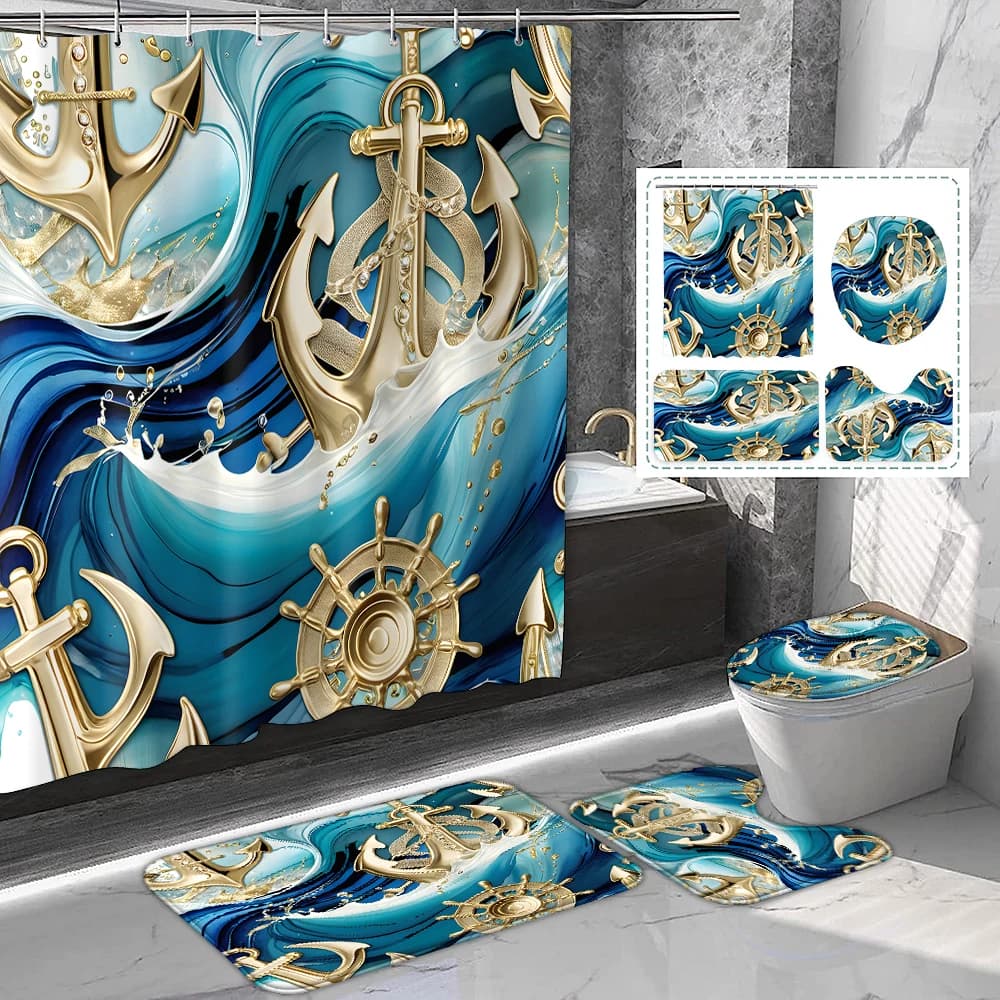 1 set di set di tende da doccia stampate con ganci Tappetino da bagno per WC Forniture per il bagno Navigazione blu e oro
