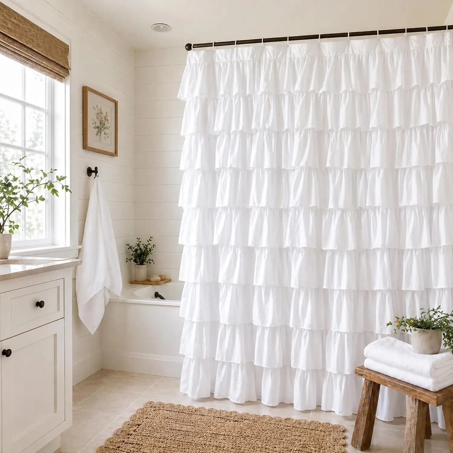 White Ruffle Shower Curtain 72x72 - Farmhouse Cloth Bathroom Decor, Double Layer Fabric, Soft Feel, Not See Through with 12
