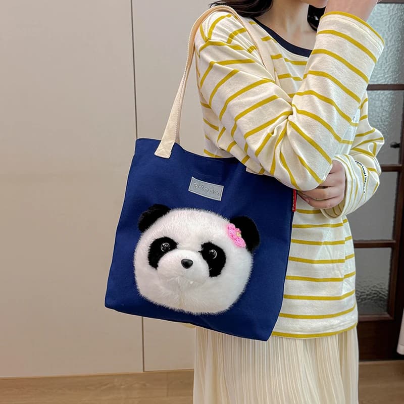 Cute 3D Panda Plush Tote Bag Women's Large Capacity Canvas Shoulder Bag for Daily Use Shopping School with Kawaii Flower Detail