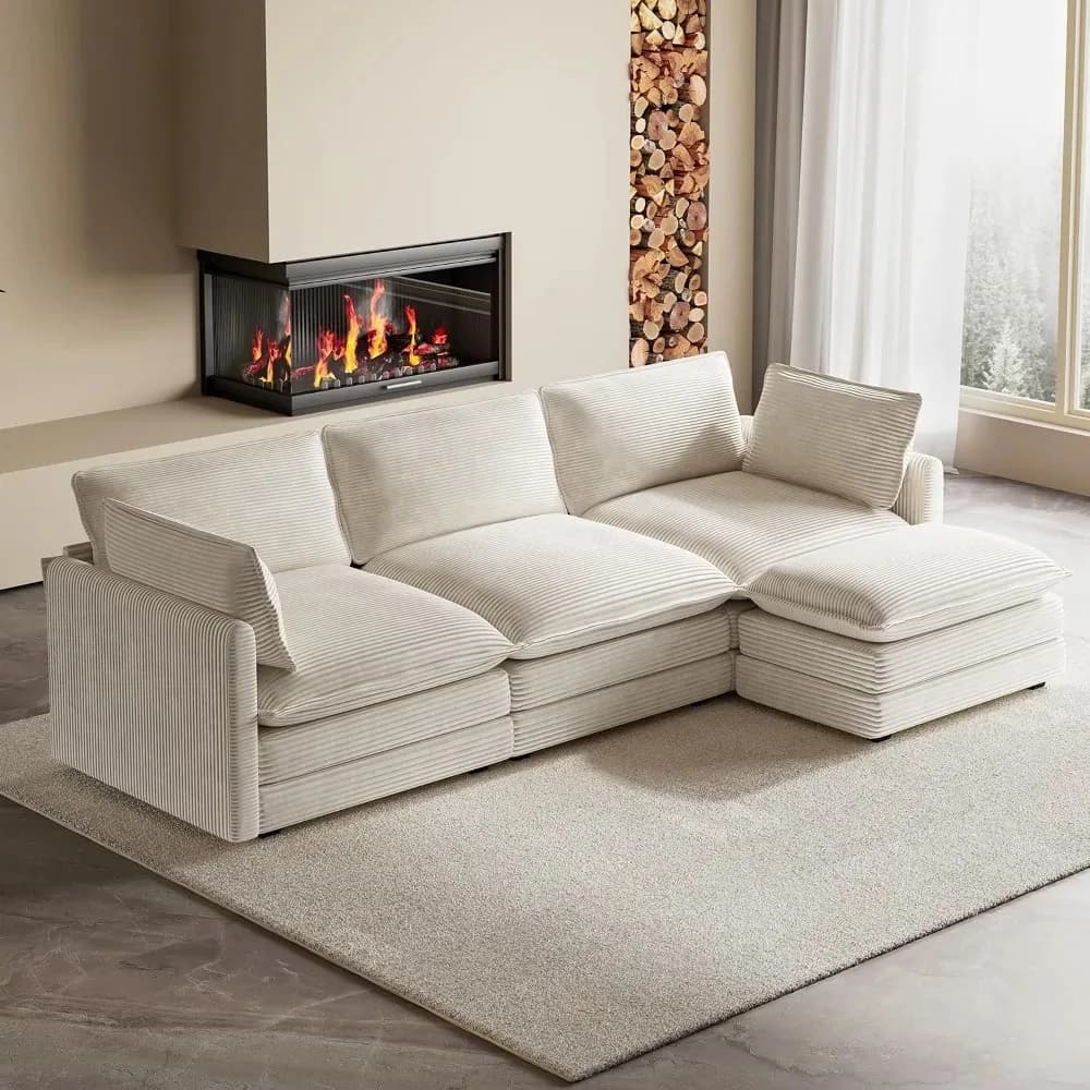 104" L Shaped Corduroy Sofa,4 Seat Modular Cloud Sectional with Movable Ottoman & Deep Seat for Living Room, Custom