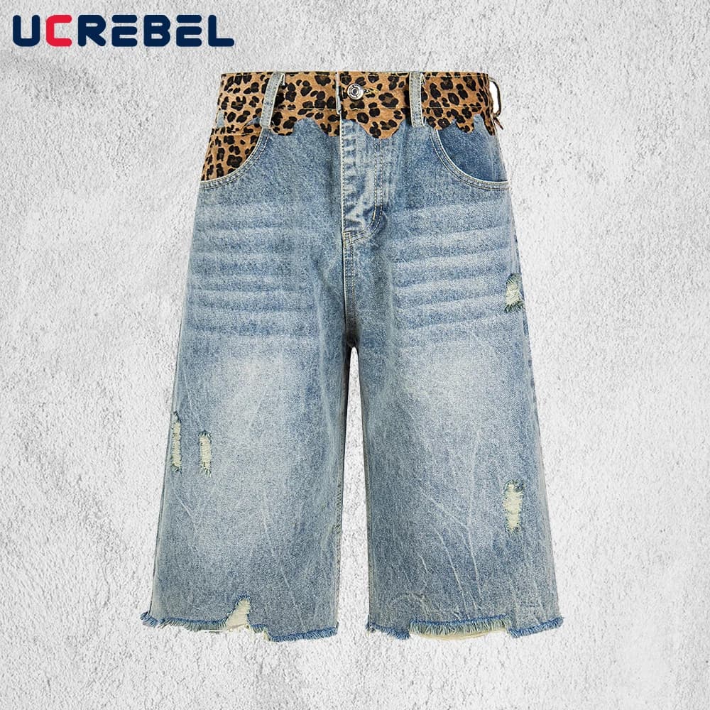 Shorts in denim da uomo con patch leopardate, estivi, strappati, lavaggio effetto vintage, distressed, baggy, a gamba larga, con orlo grezzo