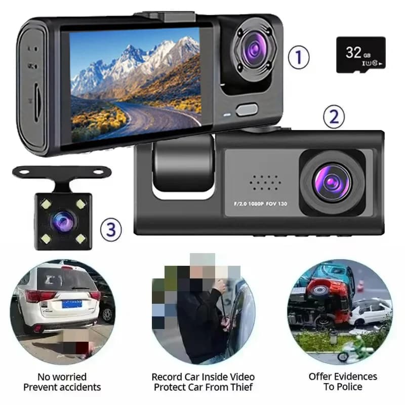 Dash Cam with loop recording for IR night vision and IPS screen from 2" 1080P 3 cameras, DVR recorder, VCR, DVR for vehicles