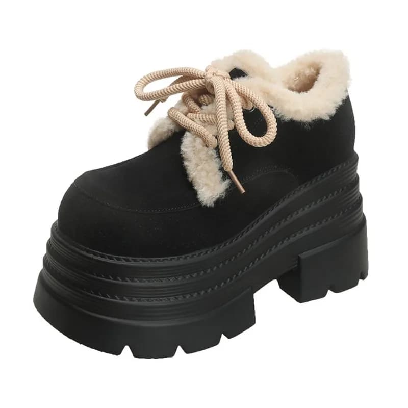 10CM New Women High Platform Ankle Boots Winter Warm Fur Chunky Snow Shoes Lace-up Sneakers Woman Leather Motorcycle Botas Mujer