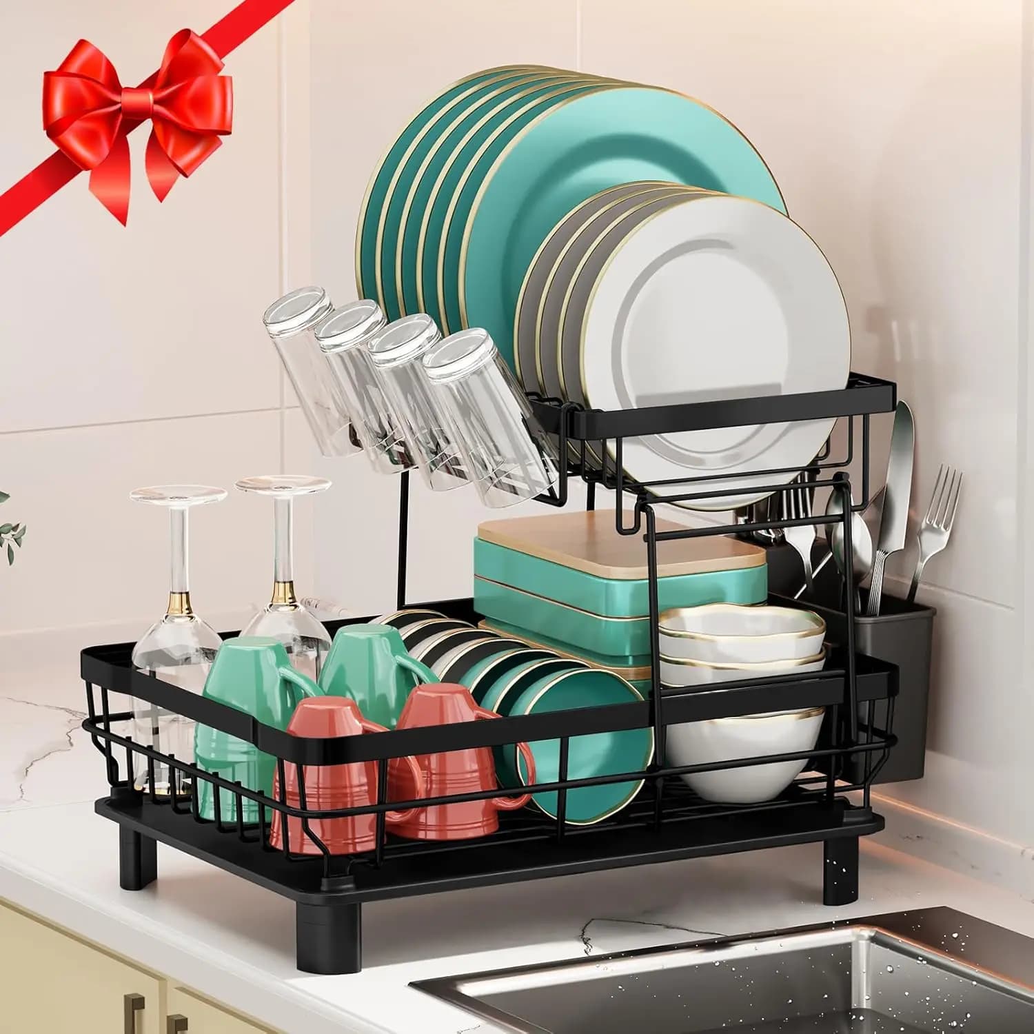 Double level automatic squeezing plate, kitchen shelf, suitable for dishes and bowls, kitchen utensils