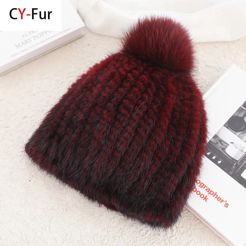 Real Mink Fur Hat For Women New Brand Thicken Female Fur Caps Ladies Winter Knitted Mink Fur Beanies With Fox Fur Pompoms Hat